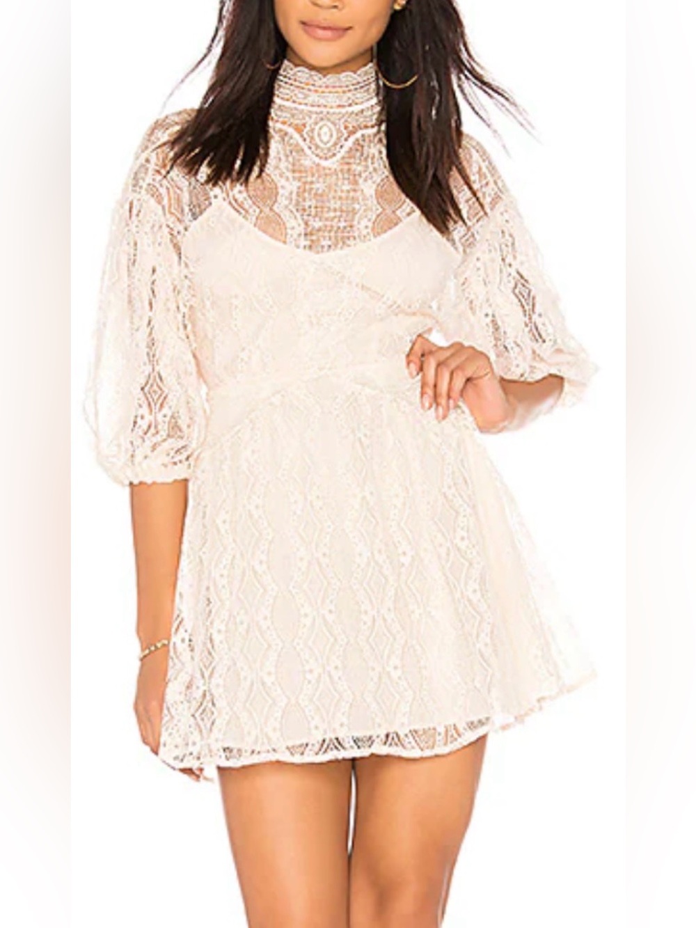 Free People Bittersweet Lace Boho Highneck cream Mini Dress tunic long sleeve 8
